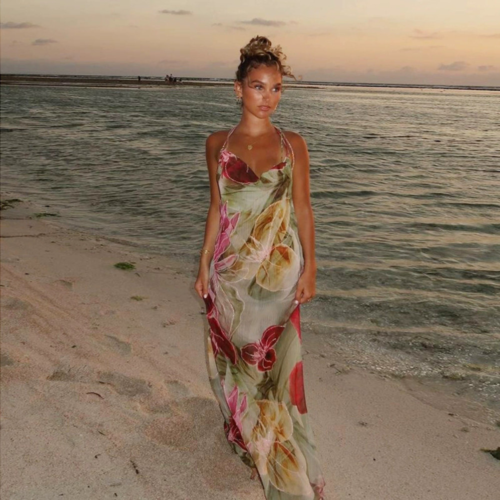 ZARA Sheer Print Summer Vacation Dress Deep Slit Sexy EU Size